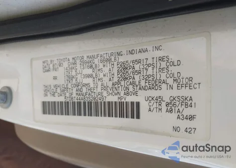 2003 Toyota Sequoia Sr5 V8 z USA, uszkodzony, nr VIN 5TDBT44A83S202497